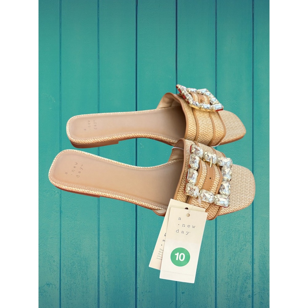 A New Day Tan Woven Rhinestone Buckle Slide Sandals 10 Square Toe - Picture 4 of 5